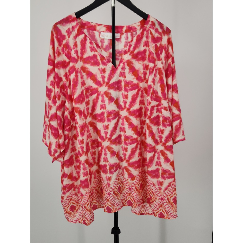 Belle by Kim Gravel Pink Orange Tie Dye V-Neck Blouse 4X Raglan 3/4 Sleeve
